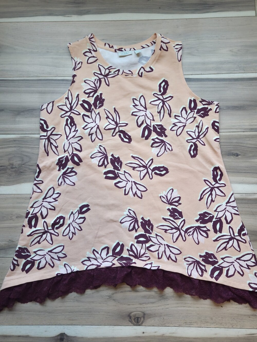 Lindex Lounge Floral Sleeveless Top Peach Maroon Lace Hem Size L